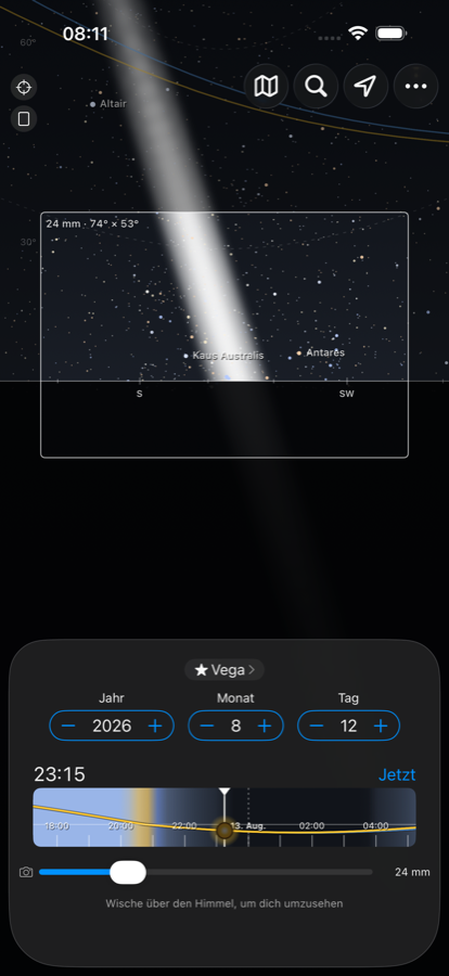 Celeris zeigt die Milchstraße im Vollbild-Himmel mit einem 24-mm-Bildausschnitt und den Sternen Altair, Antares und Kaus Australis.