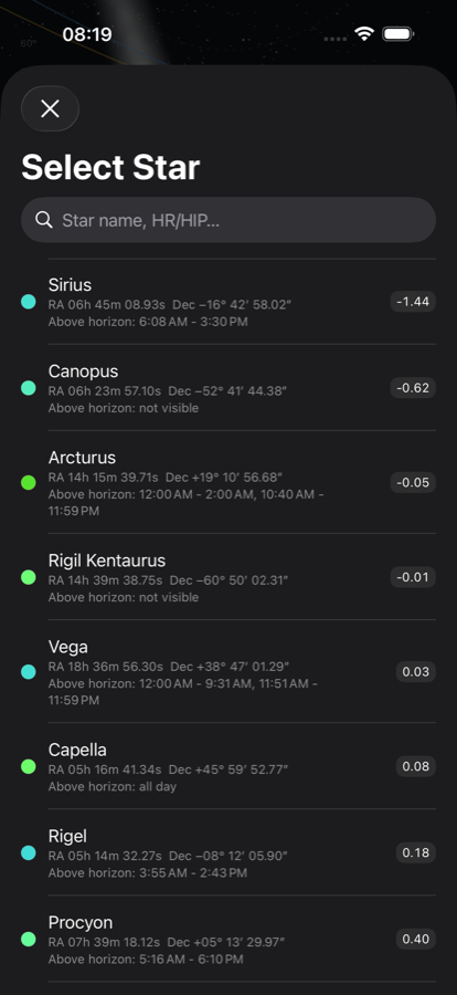 Star picker with Sirius, Canopus, Arcturus, Vega and others, each with coordinates and magnitude.